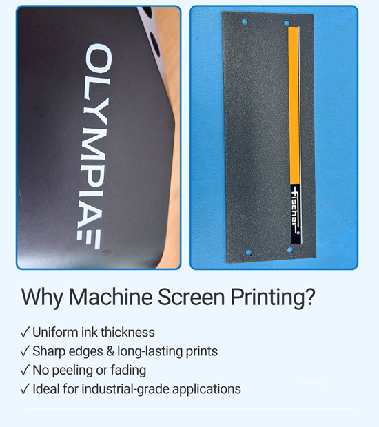 Printed sheet metal component with logo and tag