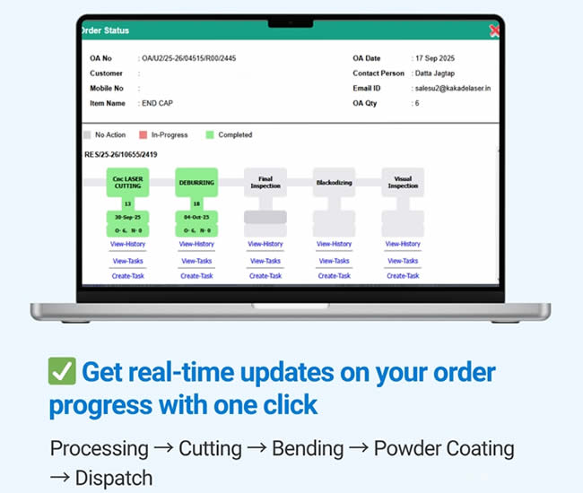 Order status stages from cutting to dispatch at Kakade Laser
